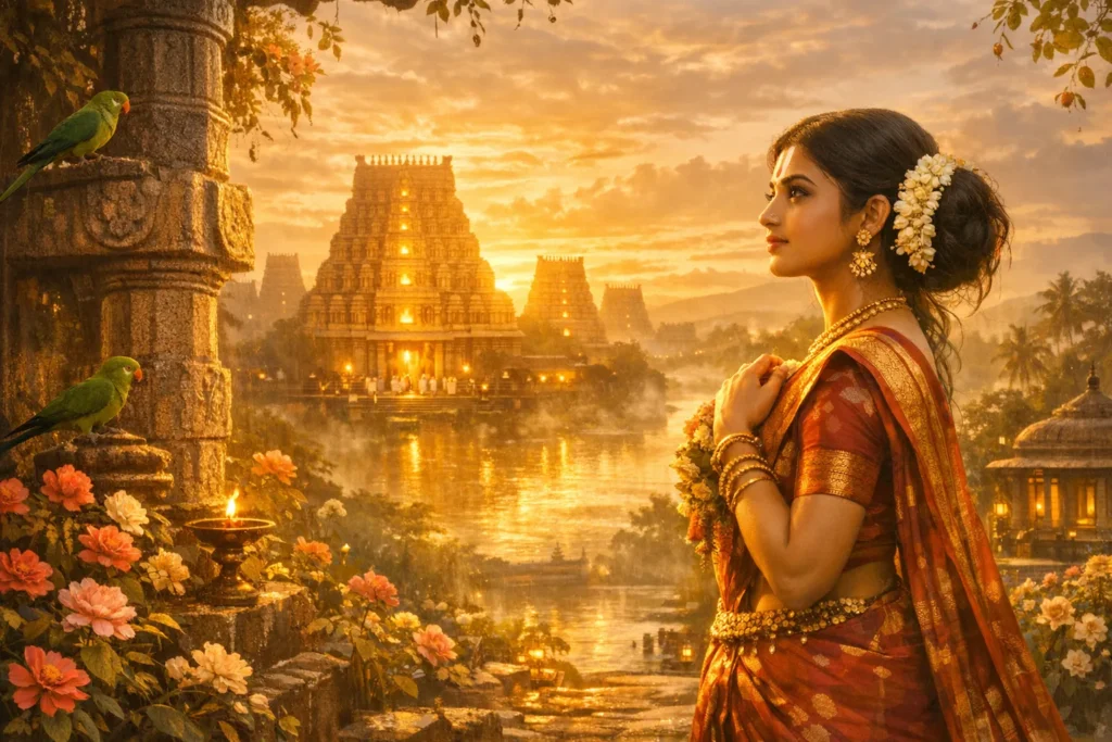 Andal with Thirunamam and jasmine-adorned hair holding a garland in a temple garden, expressing bridal devotion to Vishnu