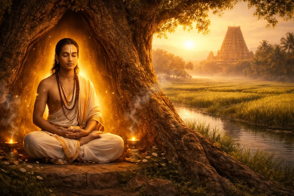 Nammazhwar meditating under a tamarind tree near a temple, symbolizing the philosophical depth of Azhwar devotion