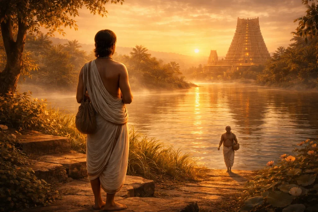 Thiruppaan Azhwar standing by a river gazing toward a temple, representing humility and longing in Vaishnava devotion
