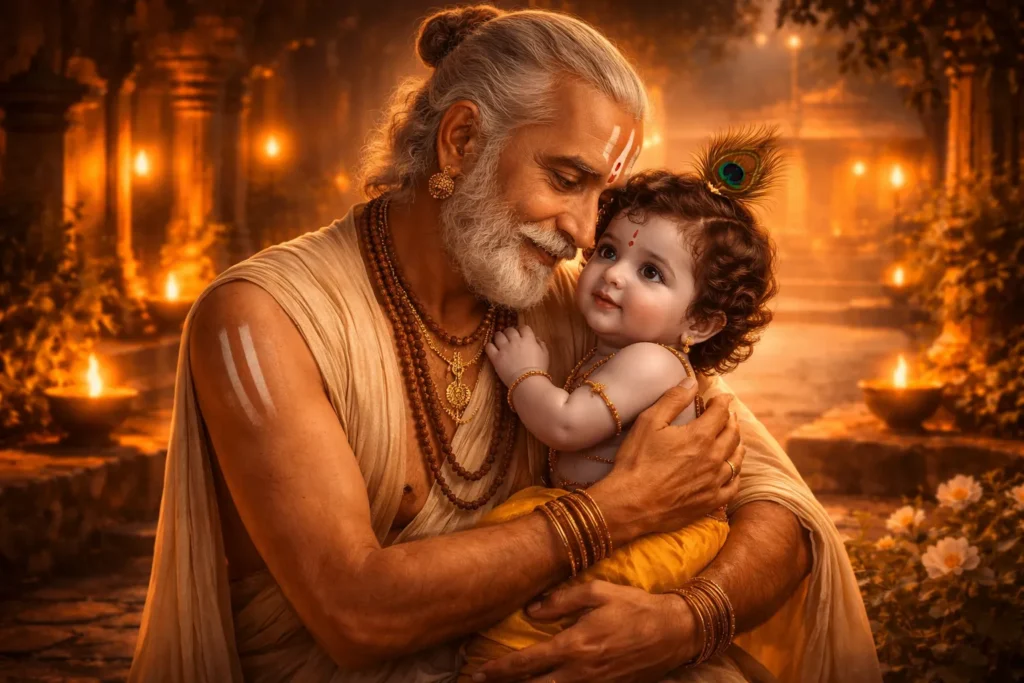 Periyazhwar holding child Krishna with parental affection inside a temple setting, symbolizing devotional love as a parent
