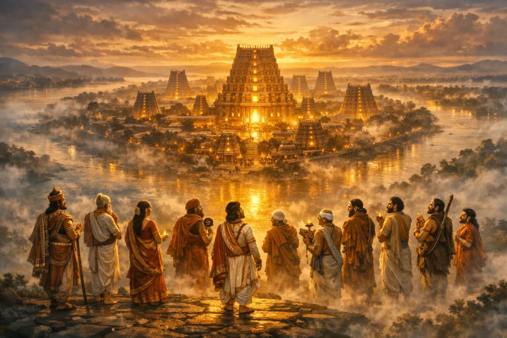 Aerial view of the ancient Srirangam Ranganathaswamy temple complex at dawn — the world's largest functioning Hindu temple rising from the sacred Cauvery river island, its twenty-one gopurams piercing the morning mist in Tamil Nadu