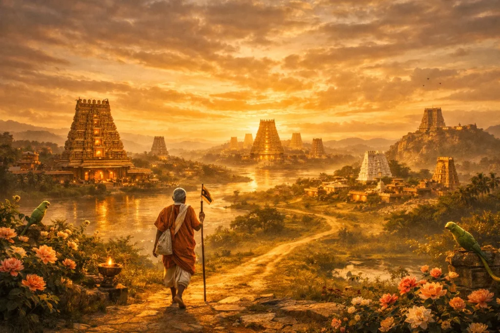 A lone Vaishnava pilgrim walking toward multiple illuminated temple gopurams across a river landscape at golden hour, representing the sacred journey across the 108 Divya Desams sung by the Azhwars.