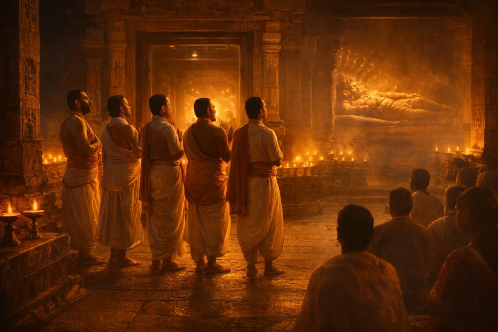 Vaishnava priests singing Tamil hymns inside a temple sanctum lit by oil lamps, with Lord Vishnu reclining on Adishesha in the background, depicting the living tradition of the Divya Prabandham.