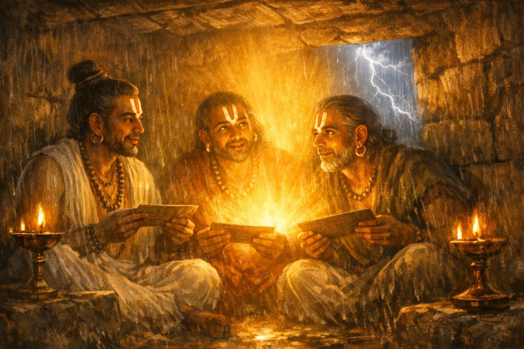 The three early Azhwars — Poigai, Bhuthathu, and Peyazhwar — gathered in a small stone shelter during a monsoon rainstorm, illuminated by divine golden light, composing the opening hymns of the Divya Prabandham upon encountering Vishnu's invisible presence