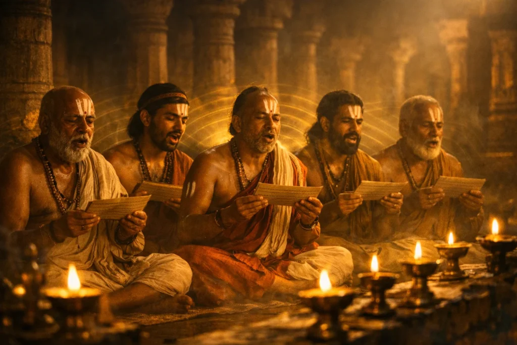 Vaishnava priests with Thirunamam singing from palm-leaf manuscripts by oil lamps inside a temple, representing the living recitation of the Divya Prabandham.