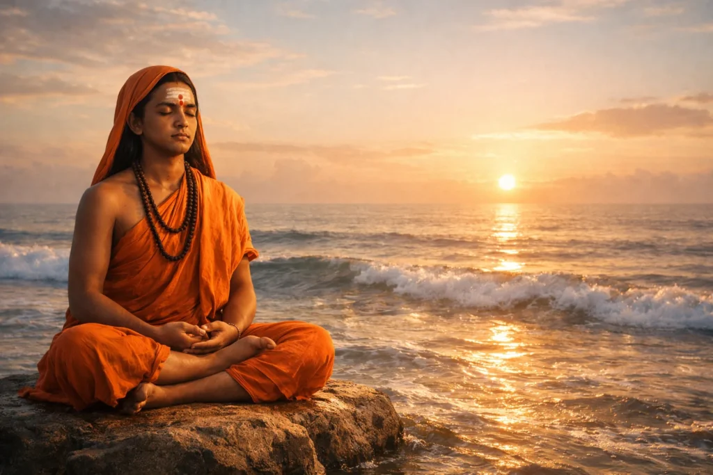 A Hindu monk meditating by the sea representing Advaita Vedanta and non-dual philosophy