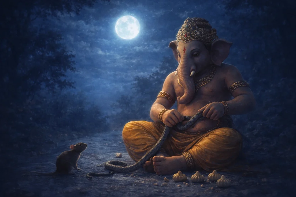 Lord Ganesha seated under moonlight with his mouse and scattered modaks, tying a snake around his waist, depicting the story of the moon and humility