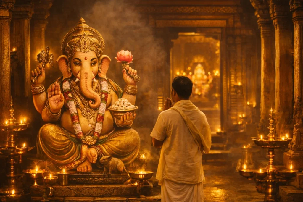 Ganesha idol at temple entrance with devotee praying before entering sanctum, symbolizing the god of beginnings and thresholds