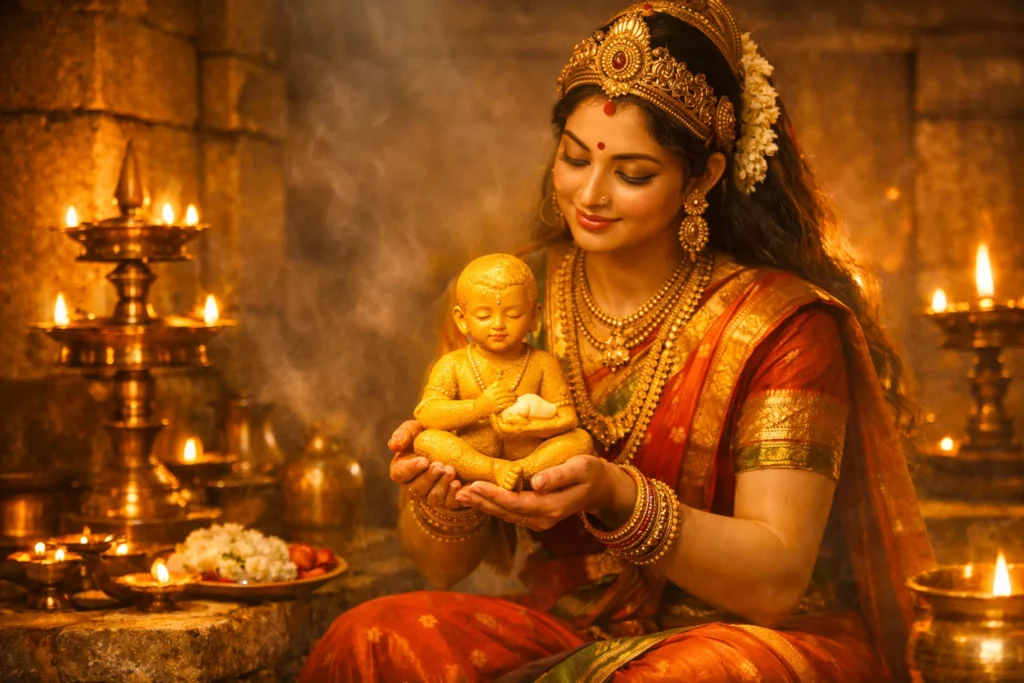 Parvati creating Ganesha from turmeric paste, representing the divine origin of the elephant-headed god