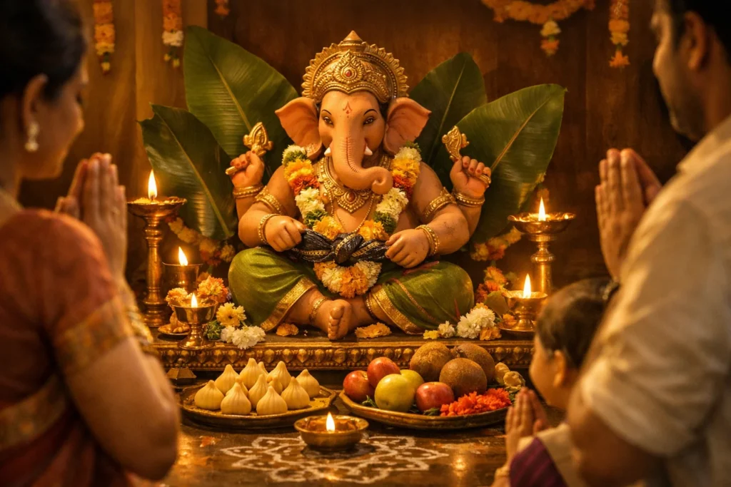 Clay Ganesha idol decorated with flowers and lamps in a South Indian home during Vinayaka Chaturthi, with offerings of modaks and fruits