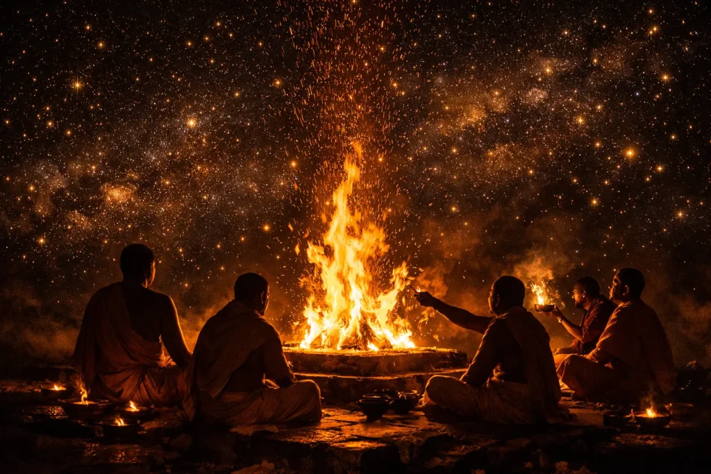 Vedic yajna fire ritual under starry sky — The Sacred Trails