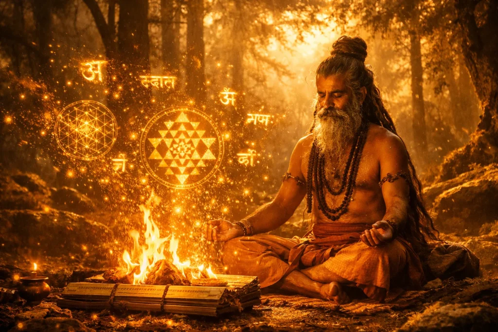 Vedic Rishi sage in deep meditation in Himalayan forest at dawn — The Sacred Trails