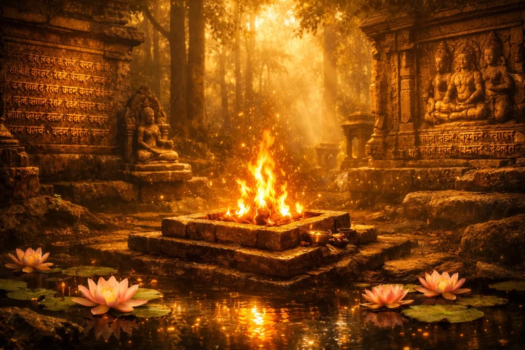 Sacred Vedic fire altar in ancient forest clearing at dawn — The Sacred Trails