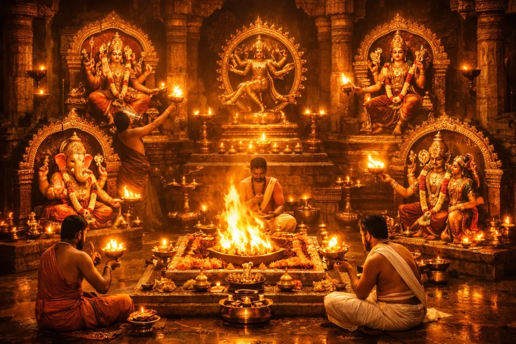 Ancient South Indian temple with five deity shrines in Panchayatana Puja arrangement — The Sacred Trails