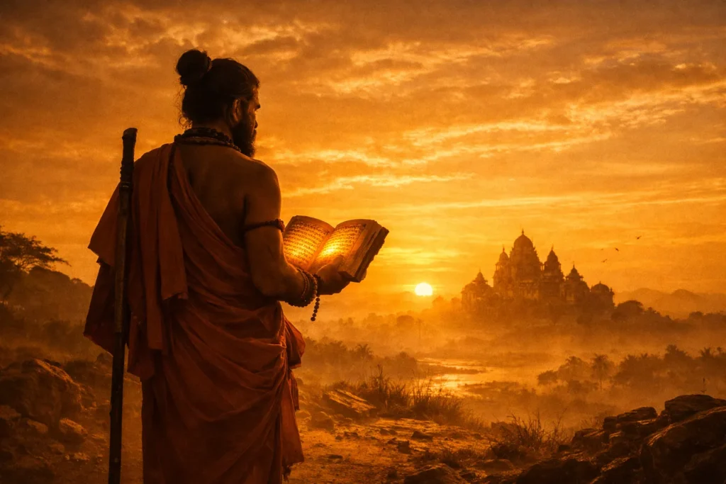Vedic scholar saint walking at dawn toward a distant temple — The Sacred Trails