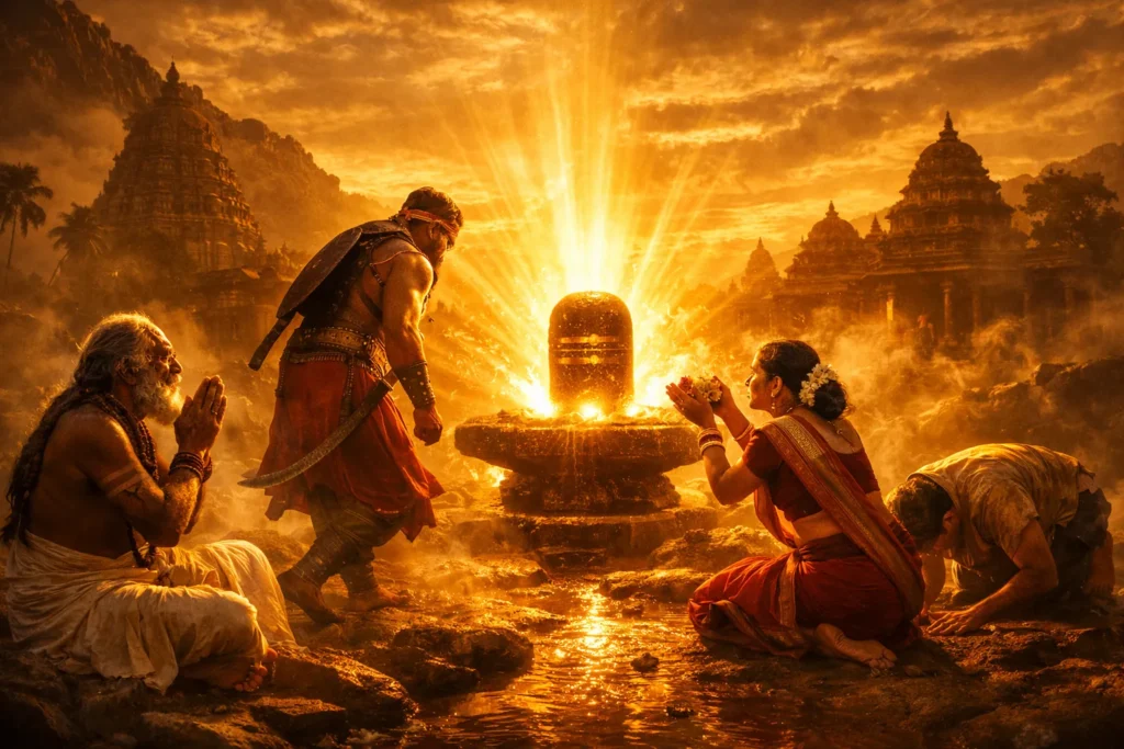 Four figures — a sage, a warrior, a woman, and a humble devotee — surrounding a radiant glowing Shiva lingam with divine light rays, ancient temples in the background — symbolising the 63 Nayanmars from all walks of life
