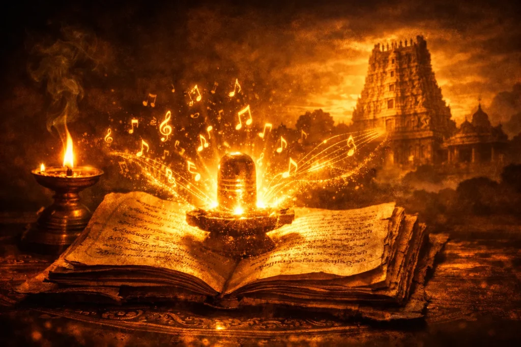 An ancient Tamil manuscript open on a stone surface with a glowing Shiva lingam at its centre, golden musical notes rising into the air, a lit oil lamp and temple gopuram in the background — representing the Tevaram hymns of the Nayanmars sung in Shaiva temples for 1,400 years