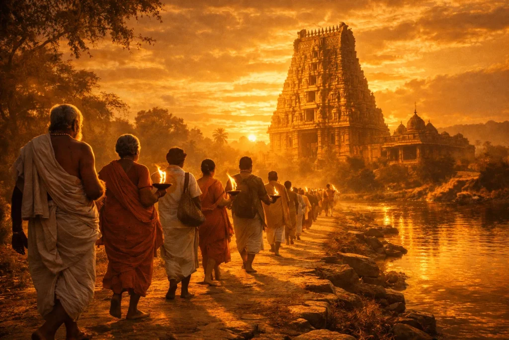 A long procession of Hindu devotees carrying oil lamps walking along a riverside path toward a majestic South Indian Shaiva temple gopuram at golden sunset — evoking the Nayanmar pilgrimage tradition of Tamil Nadu