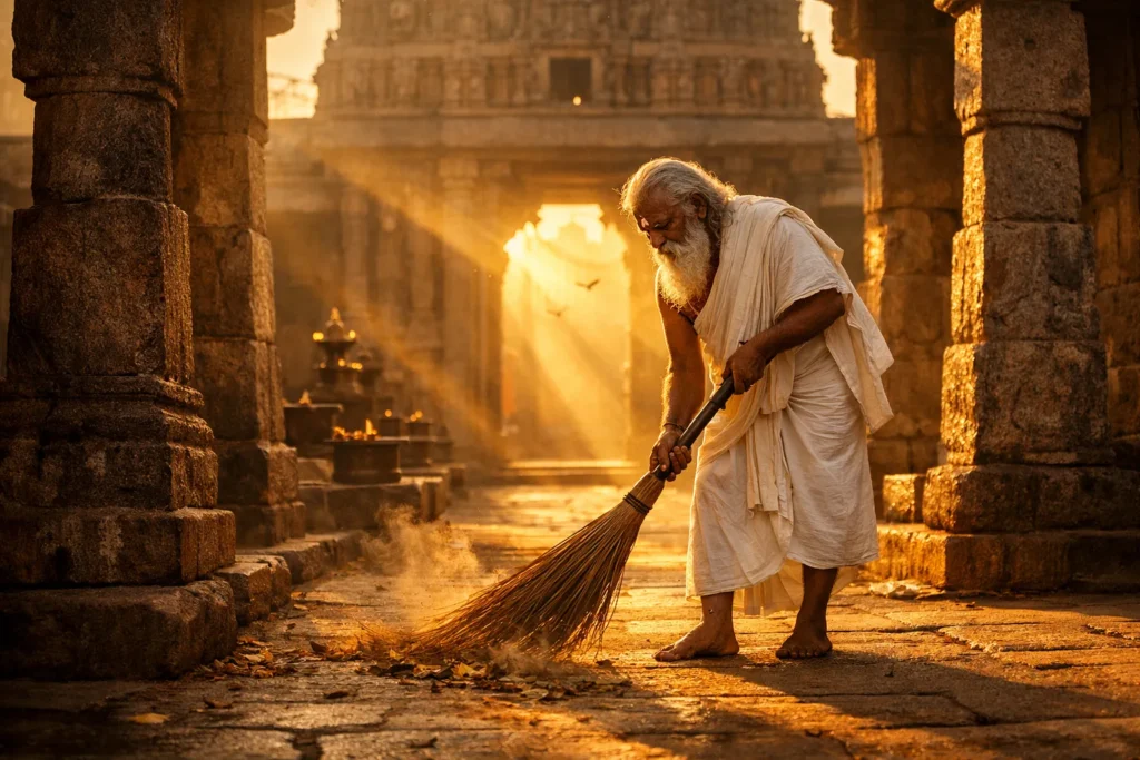 Appar — Thirunavukkarasar, the Nayanmar saint — sweeping the temple floor at dawn, an act of devoted service to Shiva performed across the Shaiva temples of Tamil Nadu during his life of gratitude and bhakti