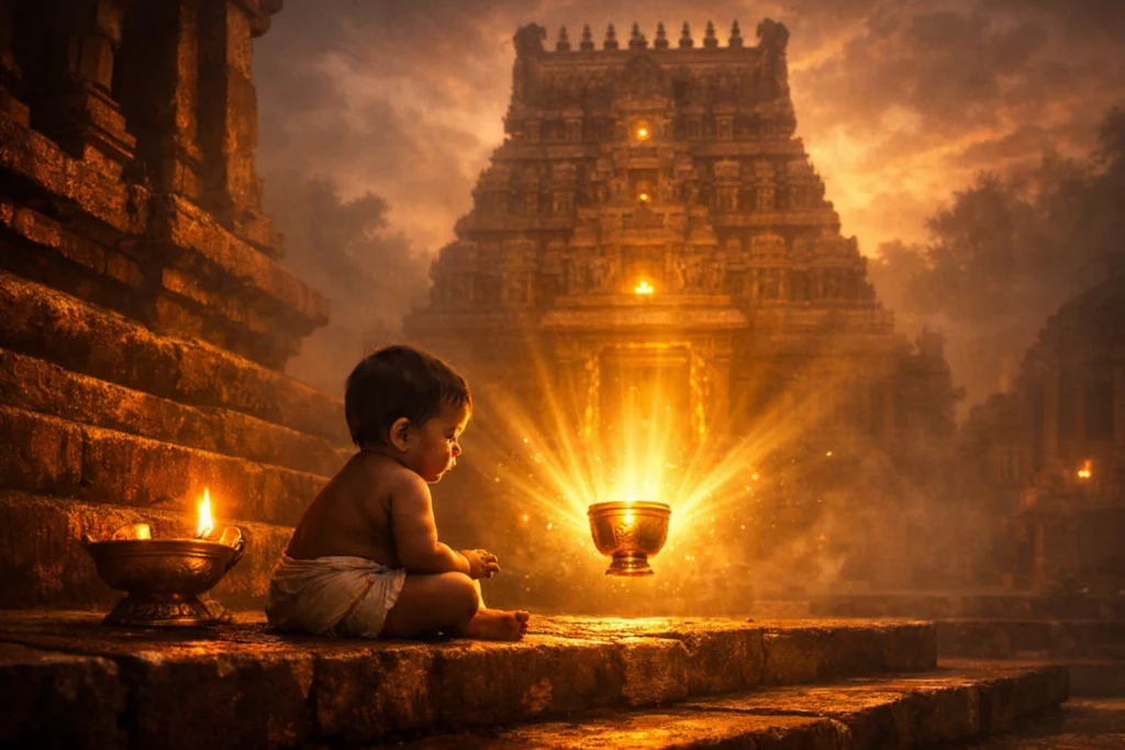The infant Thirugnana Sambandar alone on the temple steps of Sirkazhi, a divine golden cup of milk sent by Shiva glowing before him — the moment that began 1,400 years of unbroken Tevaram devotional singing in Tamil Nadu's Shaiva temples