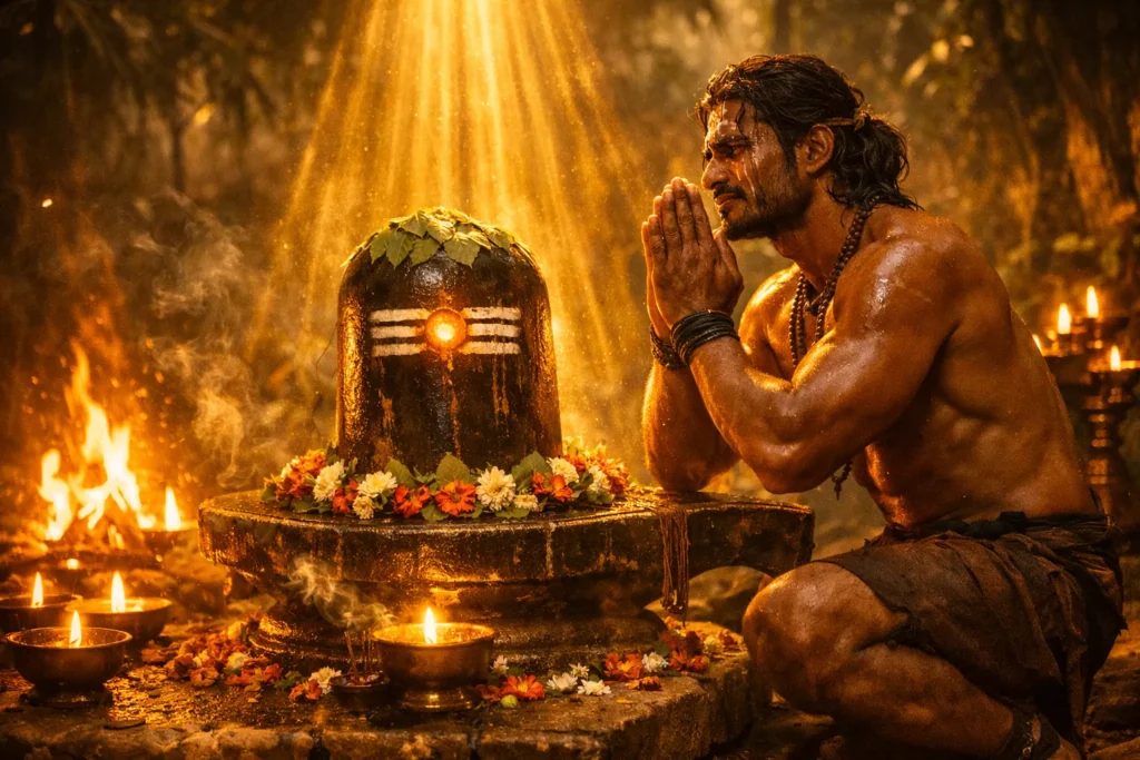 Kannappa Nayanar — the hunter-saint — kneeling in fierce devotion before a Shiva lingam in the forest, divine light rays breaking through the trees, representing his absolute surrender and the moment Shiva declared him the greatest of all devotees