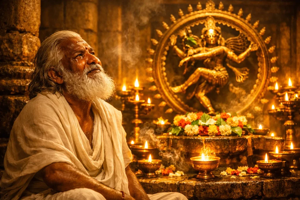 Manickavasagar weeping in ecstatic devotion before the Nataraja — Shiva as the cosmic dancer — at the Chidambaram temple, oil lamps and flower offerings surrounding him, capturing the overwhelming surrender expressed in his Thiruvasagam hymns