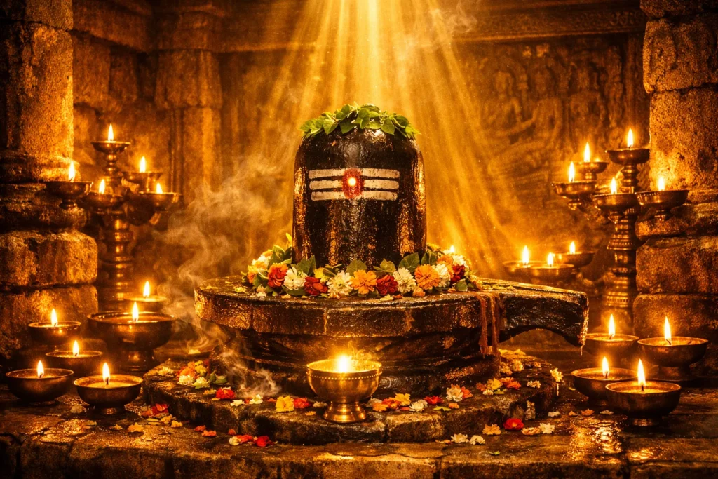 A radiant Shiva lingam crowned with bilva leaves, bathed in divine golden light rays, encircled by brass oil lamps and flower petals inside an ancient stone temple — evoking the specific divine presence that Sundarar addressed as a friend in his Tevaram hymns