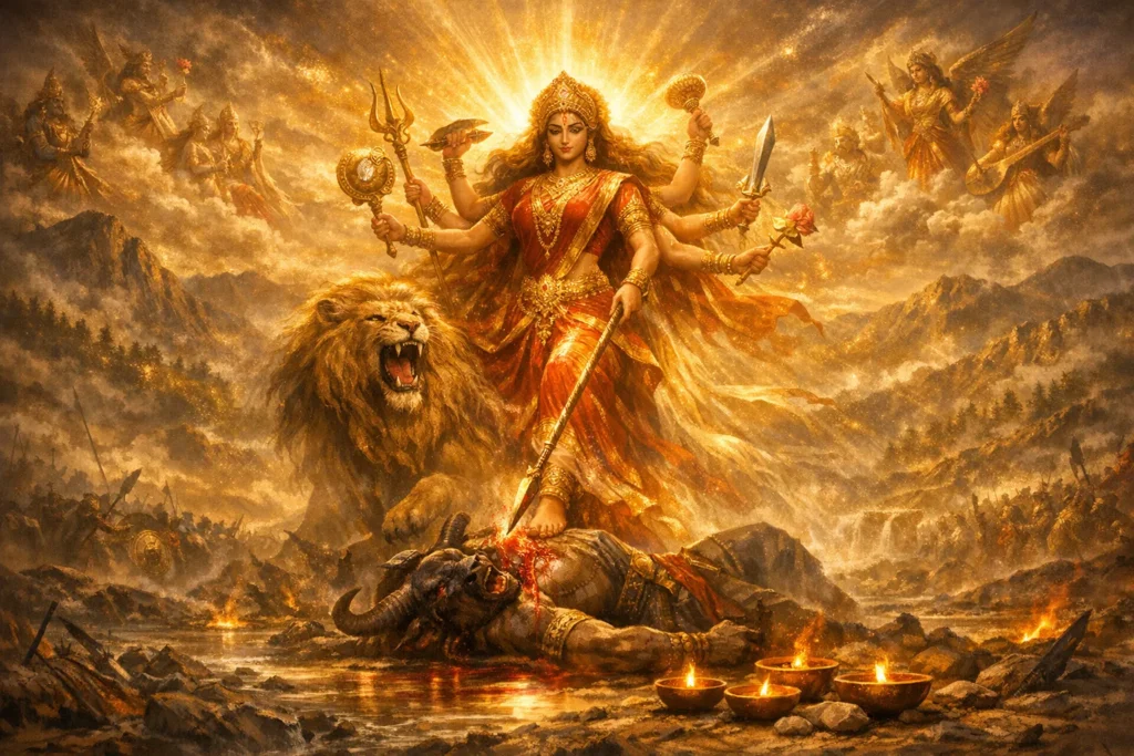 Goddess Durga slaying Mahishasura in a divine battle scene, representing the शक्ति described in the Devi Mahatmyam