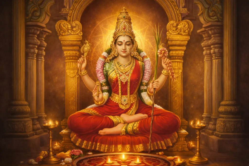 Goddess Kamakshi seated in meditation inside Kanchipuram temple with Sri Chakra, symbolizing desire, stillness, and liberation in Shakta tradition