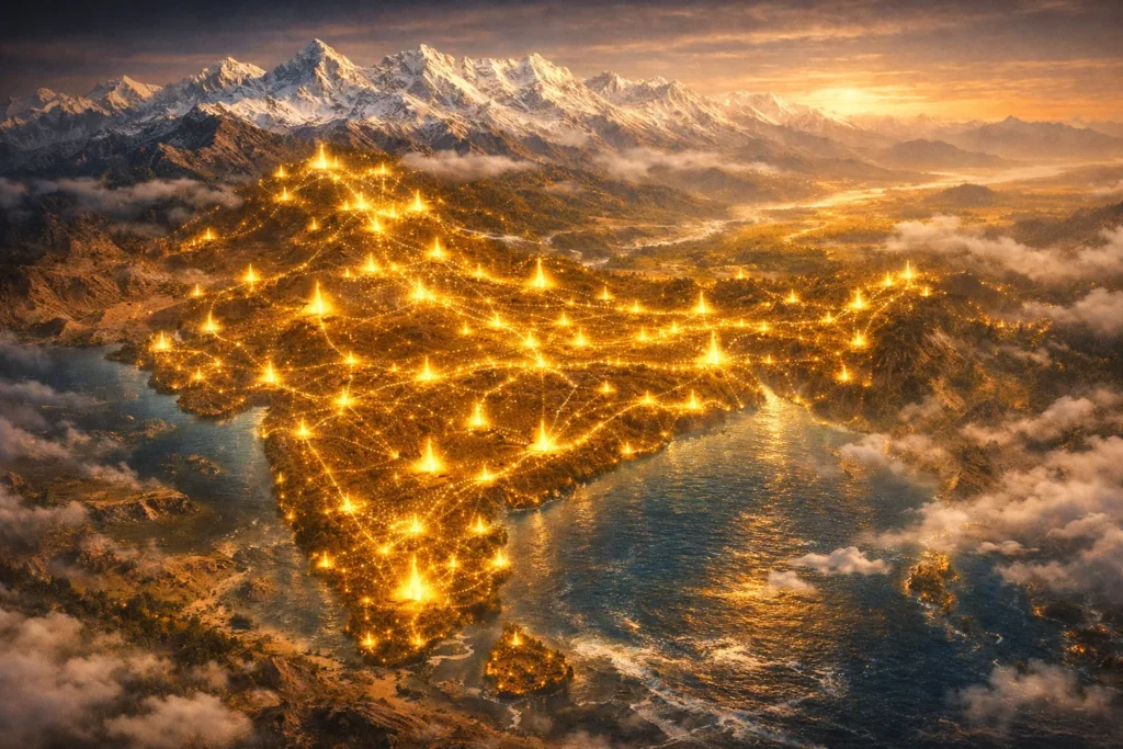 Map-like view of the Indian subcontinent showing multiple Shakti Peethas from the Himalayas to Kanyakumari, representing the Goddess’s sacred presence across regions