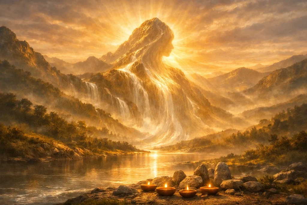 Ancient mother goddess worship scene with early human figures gathered around a feminine divine form, symbolizing the earliest intuition of the Divine Mother