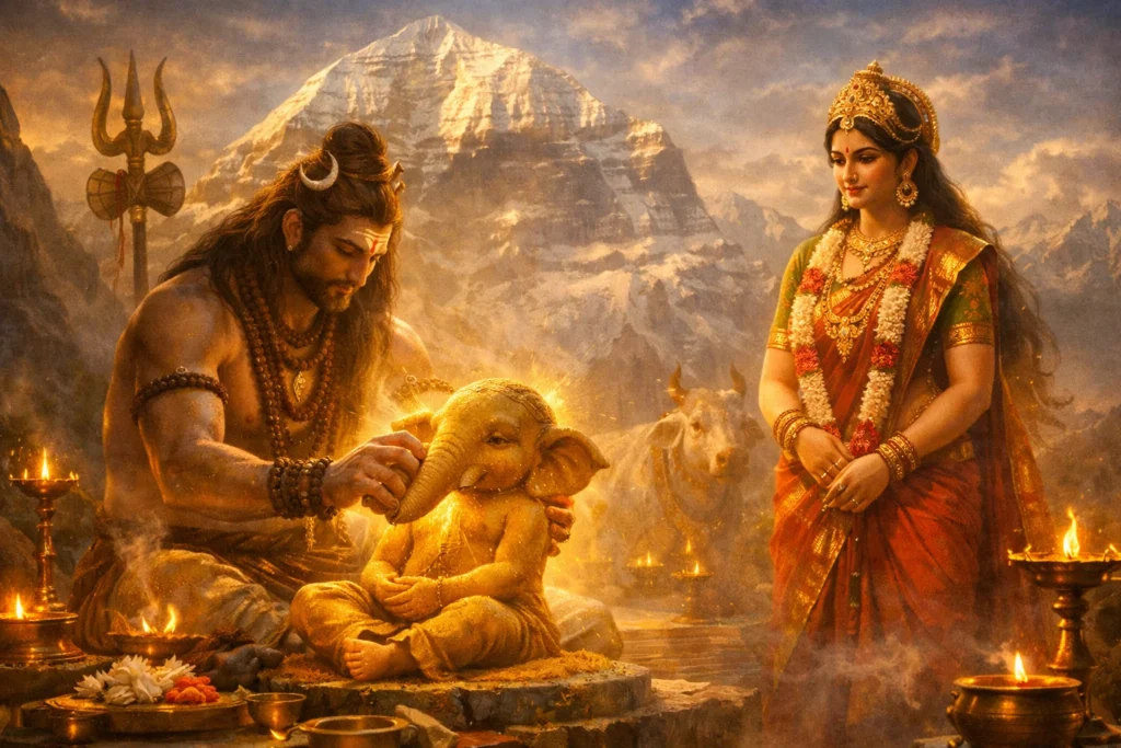 Shiva restoring Ganesha with an elephant head, symbolizing transformation and divine rebirth