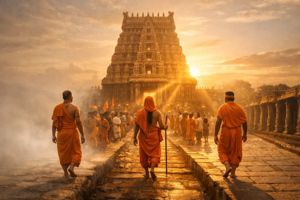 Three paths converging toward a temple symbolizing the three schools of Vedanta philosophy
