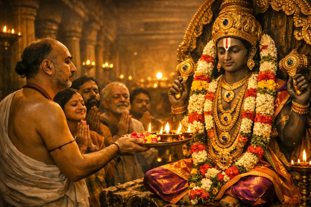 Hindu temple worship scene showing devotion to Vishnu representing Vishishtadvaita philosophy