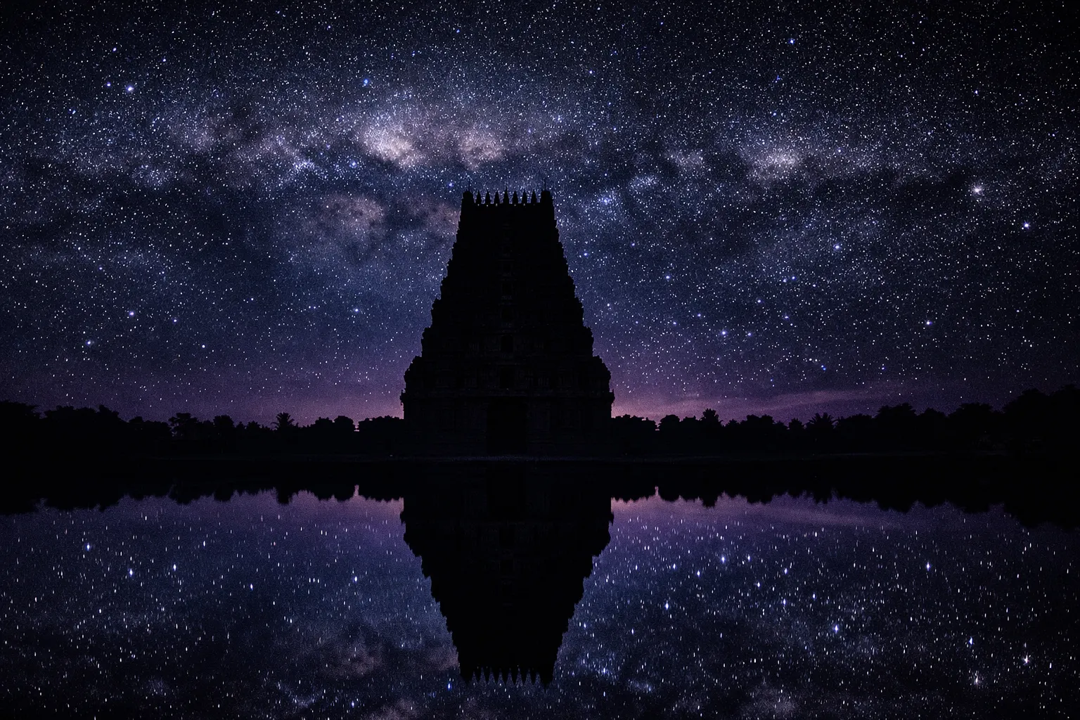Hindu cosmology — the Vedic vision of cosmic creation before the universe. Ancient temple gopuram under a night sky — The Sacred Trails