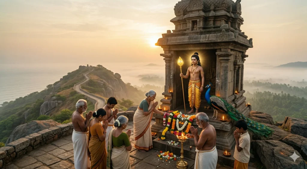 Murugan as Kumara seated on a hill with Vel, symbolizing youthful divine wisdom in Koumaram