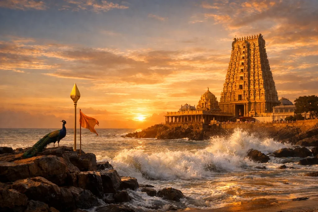Thiruchendur temple with waves crashing along the shore, golden sunrise lighting the gopuram. Peacock and Vel facing the temple