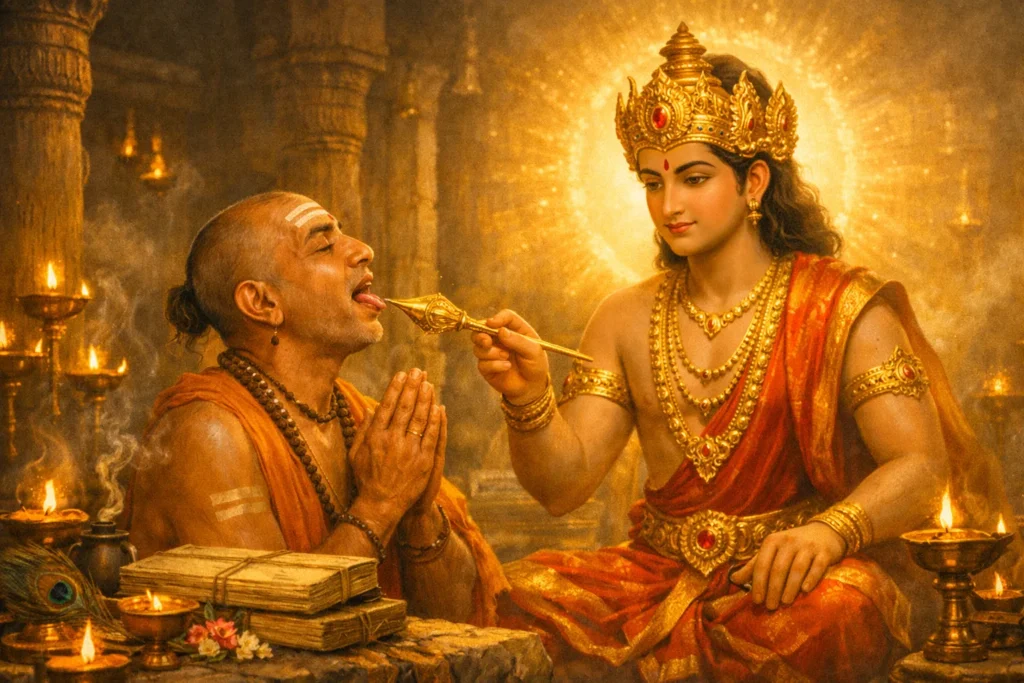 Arunagirinathar receiving divine grace from Murugan while composing Thiruppugazh hymns