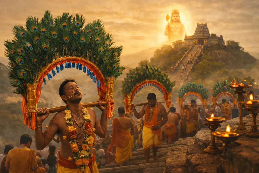 Devotees carrying kavadi during Thaipusam festival in devotion to Murugan