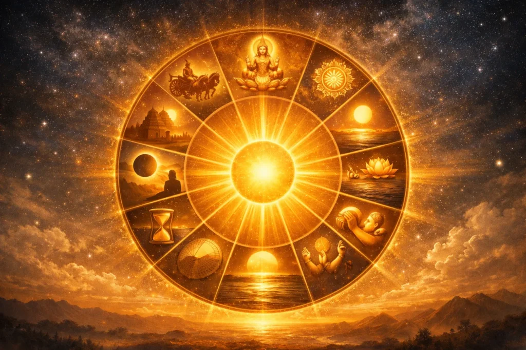 Symbolic representation of twelve forms of Surya as Dwadasha Adityas