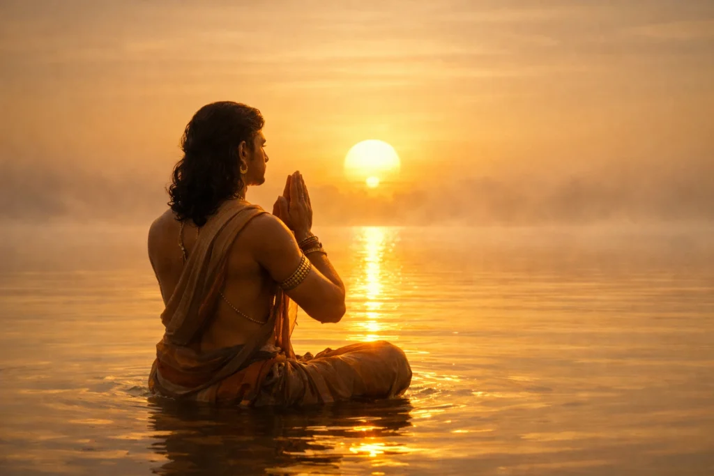 Devotee meditating at sunrise reciting Gayatri Mantra