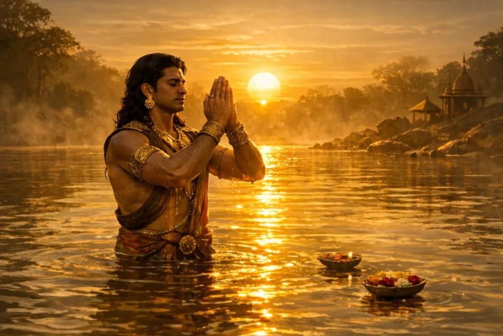 Karna offering prayers to the rising sun in river, representing devotion to Surya