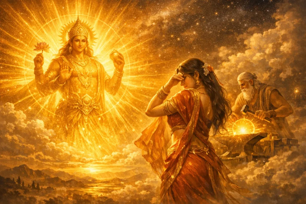 Mythological depiction of Surya and Samjna with solar radiance being reduced