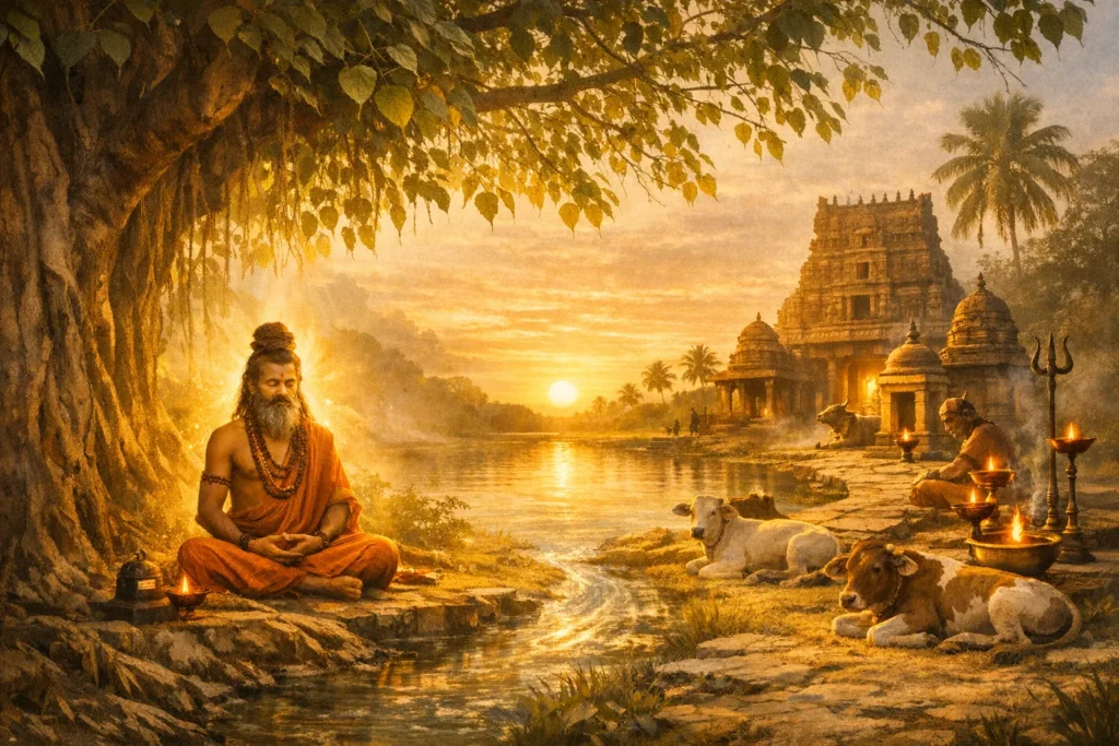 Thirumular meditating under a tree near a Shiva temple in ancient Tamil landscape