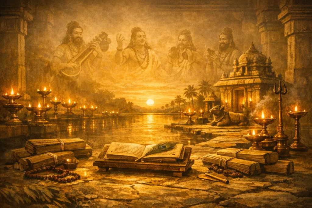 Palm leaf manuscripts of Thirumurai illuminated by oil lamps inside temple