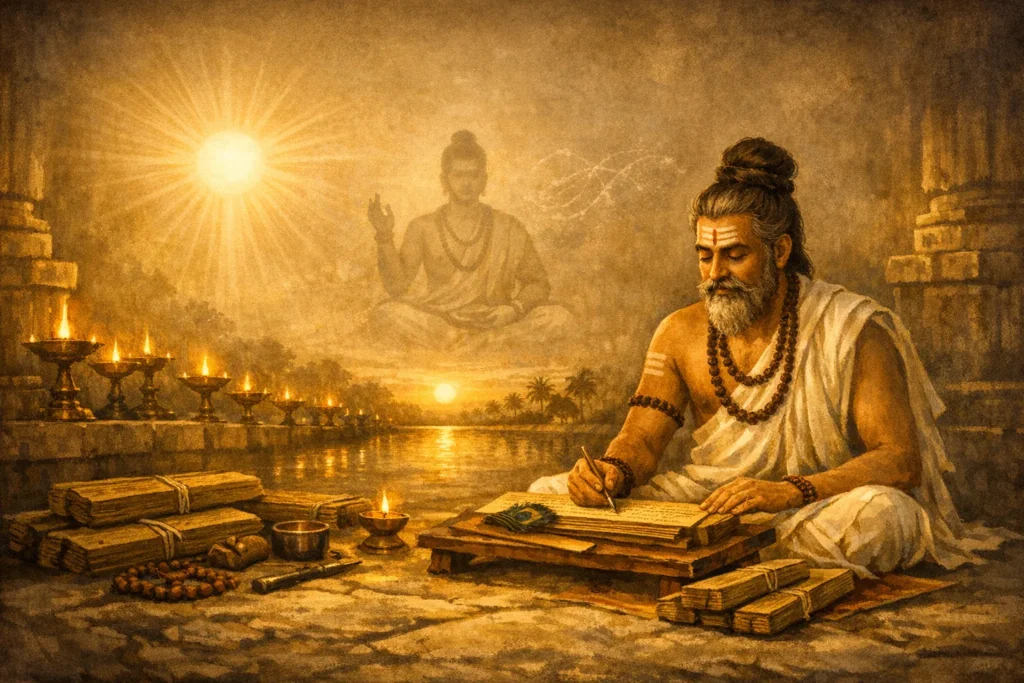 Meykandar teaching Shaiva Siddhanta philosophy with symbolic representation of Pati Pasu Pasam