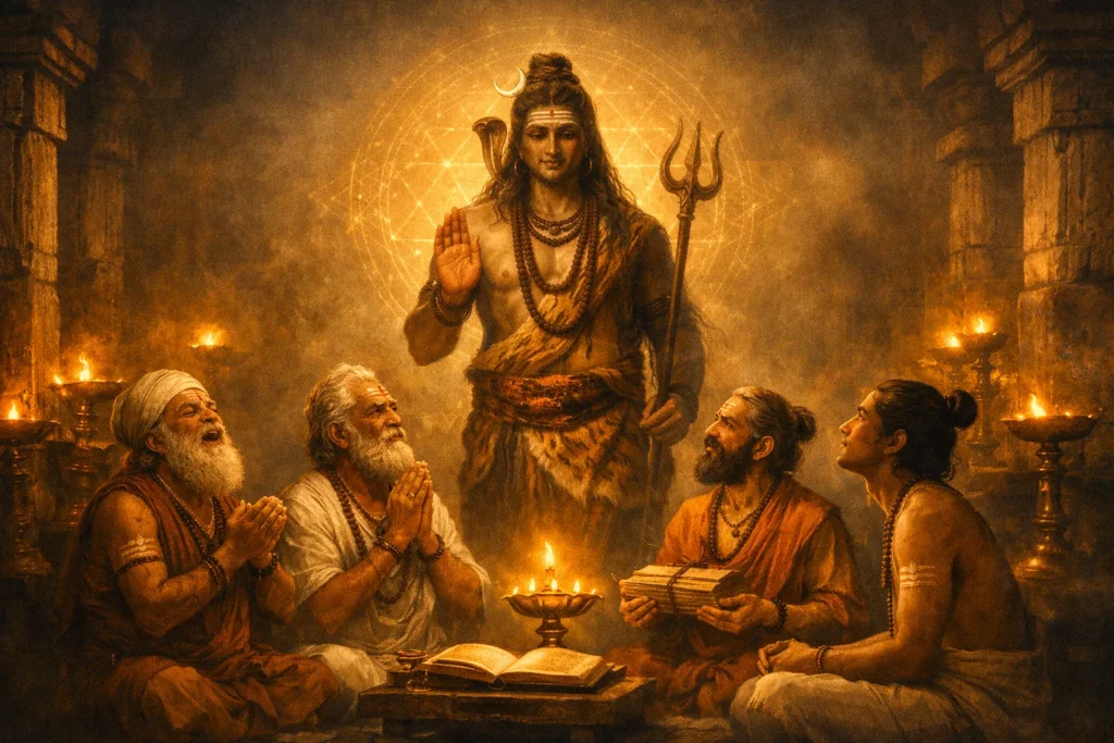 Shaiva Siddhanta philosophy depicted with Lord Shiva blessing the Santhana Kuravars as they sing in devotion inside a temple