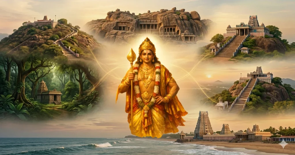 Six abodes of Murugan shown across hills, sea, and forest landscapes representing Arupadai Veedu pilgrimage