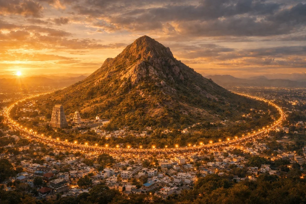 Tiruvannamalai temple tower with mountain and giri vala route lit with lights during sunset