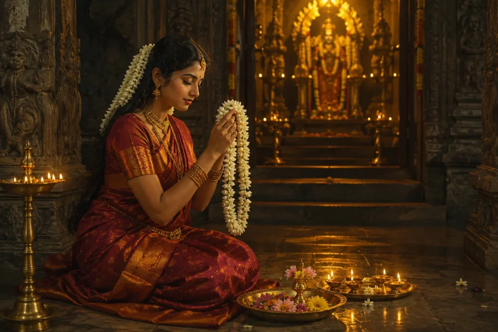 Andal kneeling in prayer before the temple sanctum holding her jasmine garland — the Tamil saint-poet who refused all earthly marriage and devoted her life entirely to the divine ஆண்டாள்